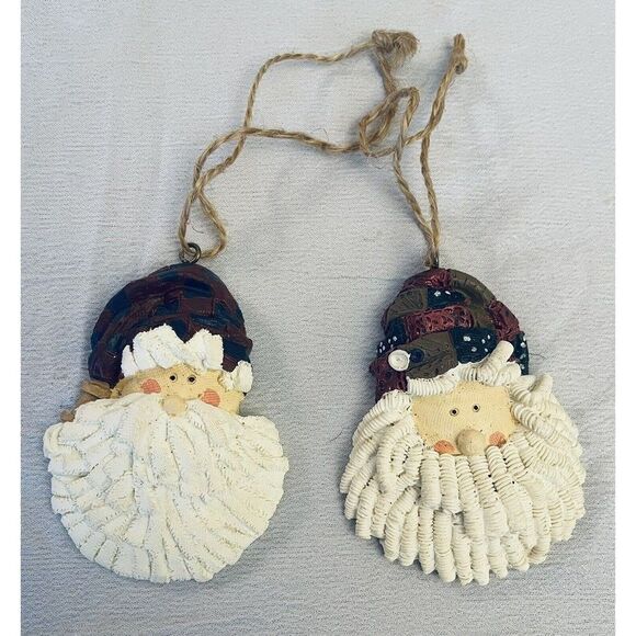 Ornaments Santa Claus Faces Heads 3" Detailed Set Of Two Vintage - Picture 1 of 5